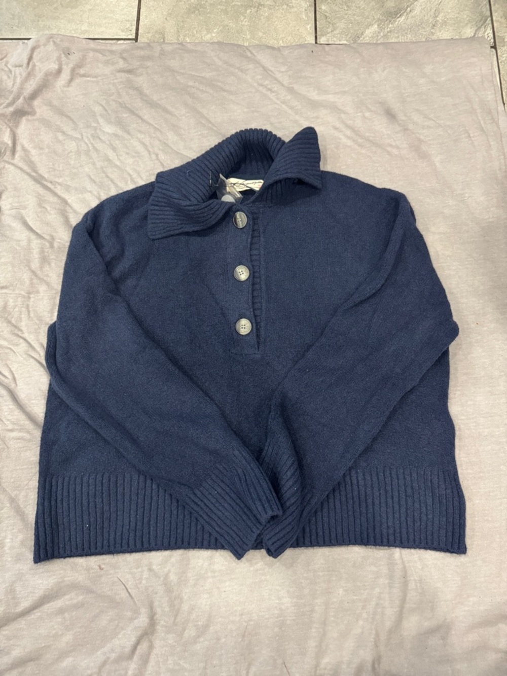 Free People Navy Button-Front Cowl Turtleneck Sweater